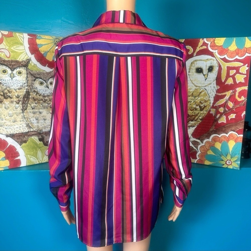 Anne Klein Blouse Retro Multicolor Striped Button Down Long Sleeve Workwear - Picture 7 of 10